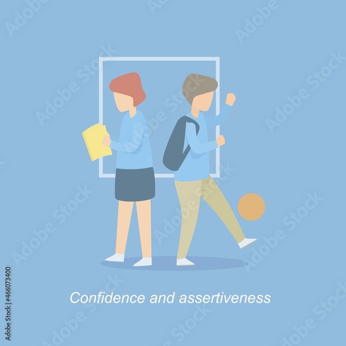 Develop Self Confidence and assertiveness training in child,Girls read books and boys play sports,Experience framework and challenges,Vector illustration.