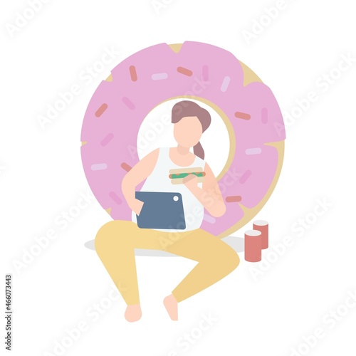 Fat woman with sweets donut,woman tries to lose weight but fails to forbid eating until her bloated belly,Sit play smartphone, eat hot dogs and soft drinks,enjoy eat dessert,vector illustration.