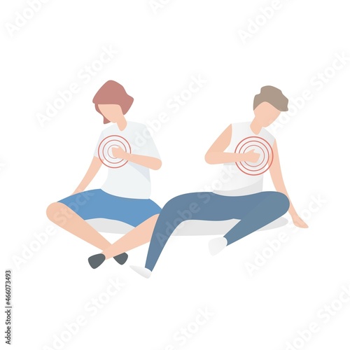Heart attack warning signs after exercise,Cardiac symptoms,young person feel Chest pain discomfort and shortness of breath,from run hard and too long,sit and fall on the ground,Vector illustration.