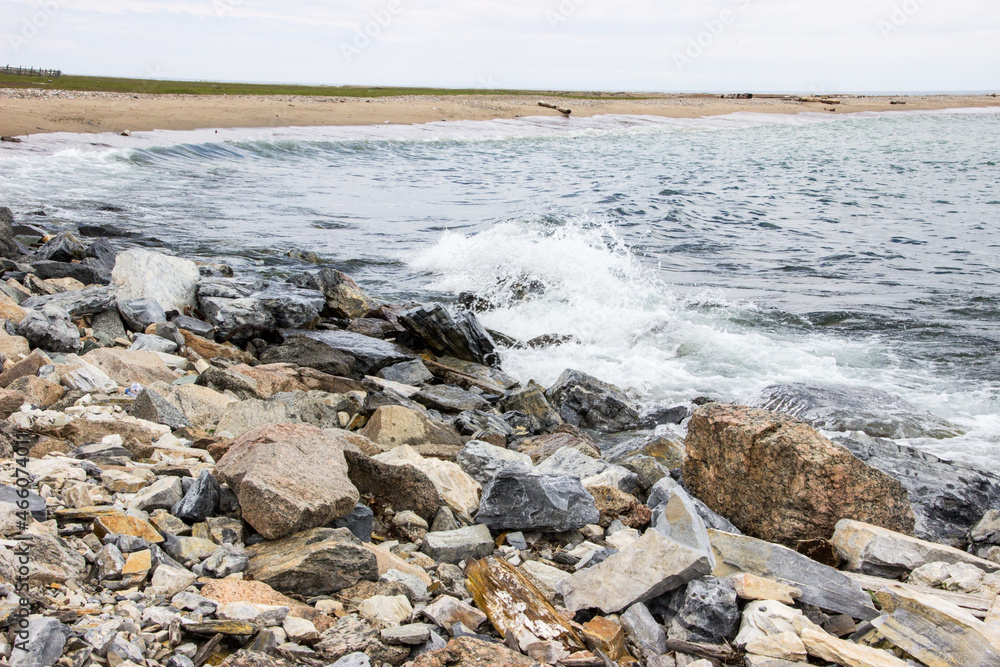 The shore with large colored stones in the foreground. A white foam wave rolls onto the shore. The rocky shore turns into sandy with dark logs against a background of light sky and gray water