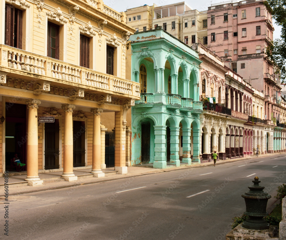 HAVANA, CUBA - AUGUST 26, 2017: Street scene with traditional colorful buildings in Havana, Cuba