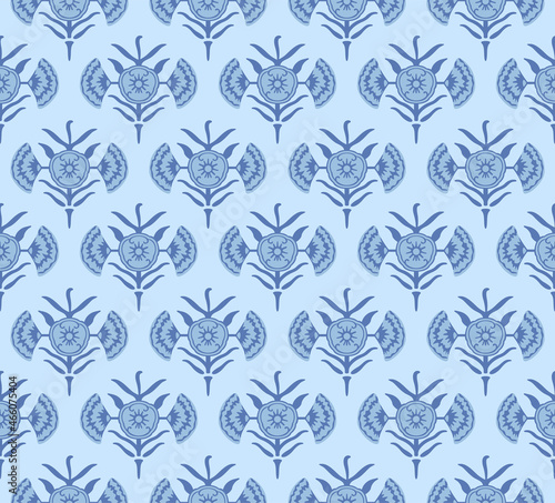 Japanese Blue Flower Motif Vector Seamless Pattern