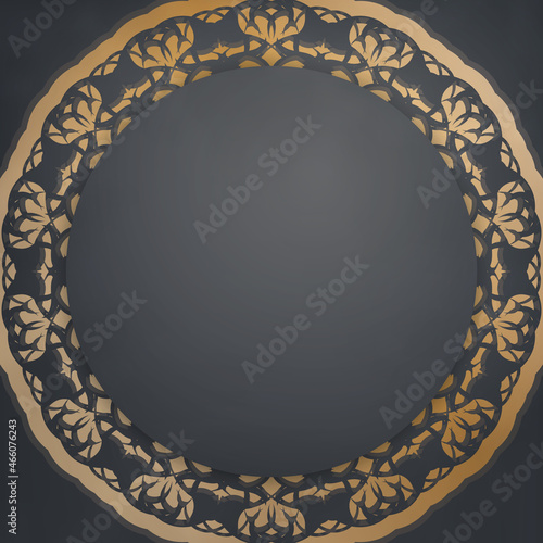 Template Postcard in black color with a gold mandala pattern prepared for printing.