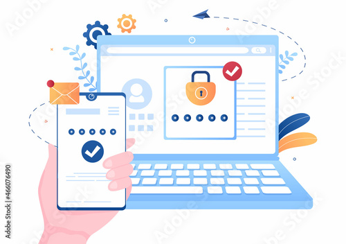 2FA Two Steps Authentication Password Secure Notice Login Verification or SMS with Code a Smartphone for Website in Flat Vector Illustration photo