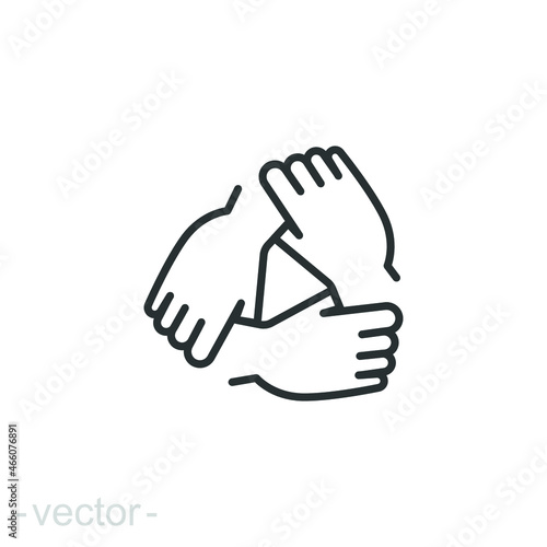 Three hands support each other line icon. Simple outline style. Team, hand, work together, partnership, group, help, concept of teamwork. Vector illustration design isolated. Editable stroke EPS 10