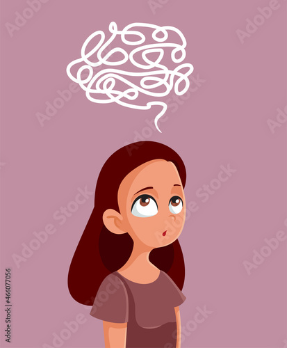 Puzzled Young Teen Girl Solving Logical Problem Vector Cartoon