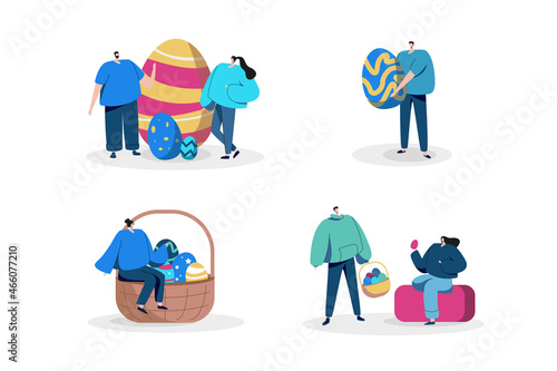 People celebrating easter, carrying egg, colorful egg on basket, easter eggs in basket carry by people illustration