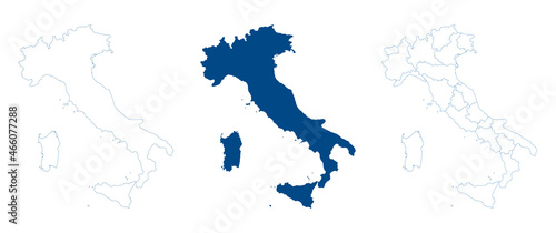 Italy map vector. High detailed vector outline, blue silhouette and administrative divisions, regions. All isolated on white background. Template for website, design, cover, infographics. Vector 