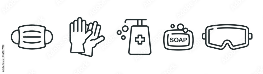 Personal protection equipment icons. Medical mask, latex gloves, soap, dispenser, protective glasses, Coronavirus, covid 19 prevention items. Line, outline symbols isolated. Vector illustration EPS 10 Personal protection equipment icons. Medical mask, latex gloves, soap, dispenser, protective glasses, Coronavirus, covid 19 prevention items. Line, outline symbols isolated. Vector illustration EPS 10