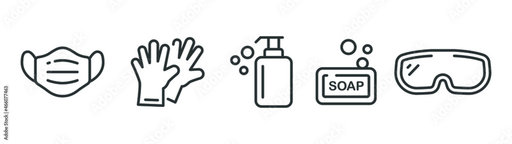 Personal protection equipment icons. Medical mask, latex gloves, soap, dispenser, protective glasses, Coronavirus, covid 19 prevention items. Line, outline symbols isolated. Vector illustration EPS 10 Personal protection equipment icons. Medical mask, latex gloves, soap, dispenser, protective glasses, Coronavirus, covid 19 prevention items. Line, outline symbols isolated. Vector illustration EPS 10