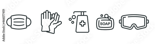 Personal protection equipment icons. Medical mask, latex gloves, soap, dispenser, protective glasses, Coronavirus, covid 19 prevention items. Line, outline symbols isolated. Vector illustration EPS 10