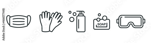 Personal protection equipment icons. Medical mask, latex gloves, soap, dispenser, protective glasses, Coronavirus, covid 19 prevention items. Line, outline symbols isolated. Vector illustration EPS 10