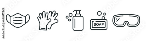 Personal protection equipment icons. Medical mask, latex gloves, soap, dispenser, protective glasses, Coronavirus, covid 19 prevention items. Line, outline symbols isolated. Vector illustration EPS 10
