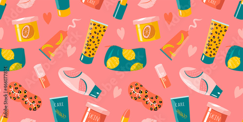 vector seamless pattern with various care and decorative cosmetrics - creams, lotions, lipsticks, cosmetic bag, sleep masks. trendy pattern in flat style for print