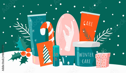 vector flat hand drawn illustration on the theme of cosmetics for the winter time, skin care in cold weather, a cosmetic gift for christmas. hand and face creams, lipstick.