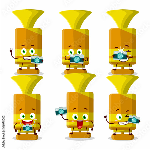 Photographer profession emoticon with orange spray trumpet cartoon character