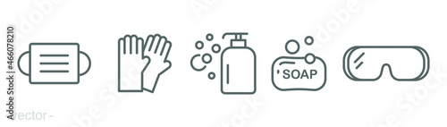 Personal protection equipment icons. Medical mask, latex gloves, soap, dispenser, protective glasses, covid 19 prevention. Outline symbols isolated. Vector illustration. Editable stroke EPS 10