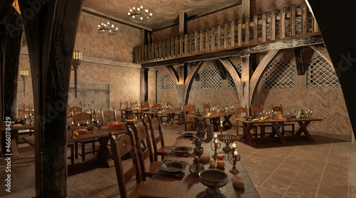 Medieval castle great hall interior 3d illustration
