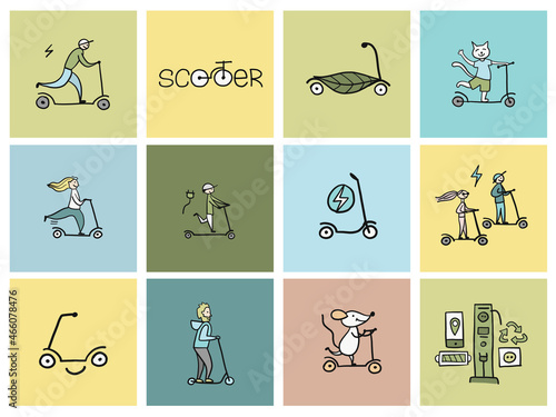 Scooter set, Rental Bike Icons Design, Ecological Green transport.