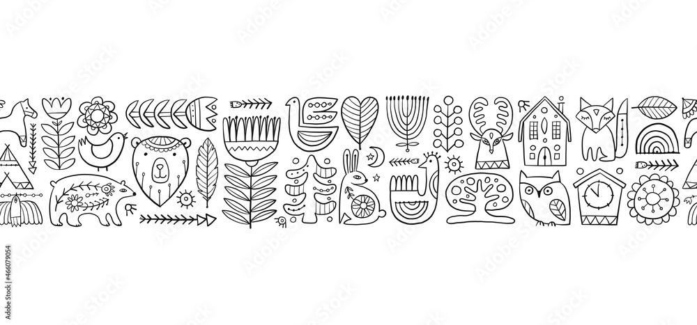 Fototapeta premium Card Design with Nordic Ornament. Forest Animals, Folk Background