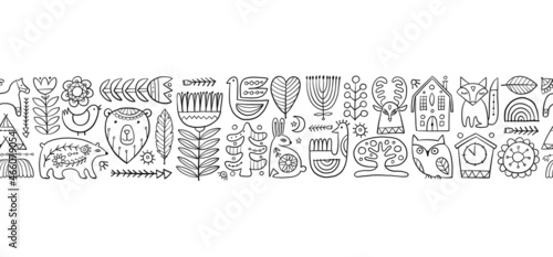 Card Design with Nordic Ornament. Forest Animals, Folk Background