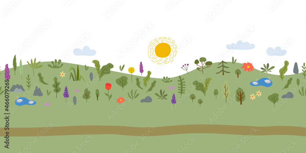 Summer meadow with flowers. Horizontal Seamless Background for your design Summer meadow with flowers. Horizontal Seamless Background for your design