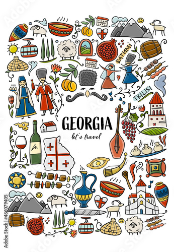 Georgia Country. Travel Background. Collection of design elements - food, places and dancing people. Vectrical Print for poster, t-shirts etc.