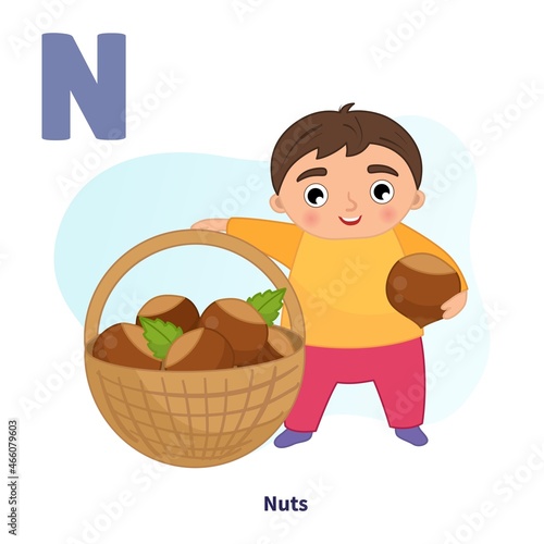 English alphabet with cartoon cute children illustrations. Kids learning material. Letter N. Cute boy is holding a basket of nuts.
