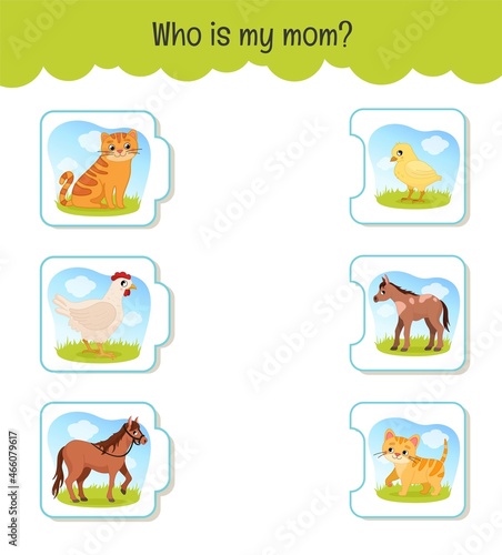 Matching children educational game. Who is my mom? Activity for pre sсhool years kids and toddlers. Mothers animals and their babies.
