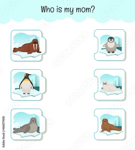 Matching children educational game. Who is my mom? Activity for pre sсhool years kids and toddlers. Mothers animals and their babies.
