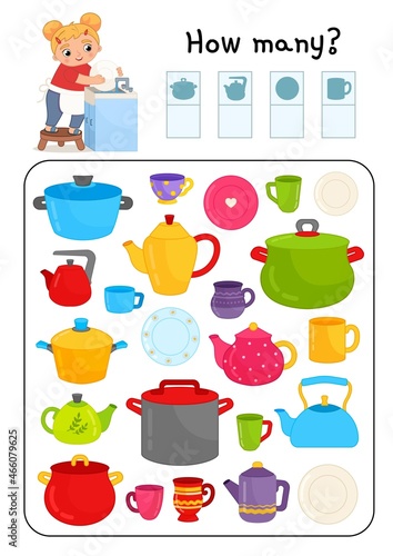Counting educational children game, math kids activity sheet. How many objects task. Count how many pots, plates, mugs and teapots.
