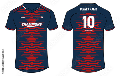 Sports t-shirt jersey design concept vector template, halftone pattern v neck Football jersey concept with front and back view for Soccer, Cricket, Volleyball, Rugby, tennis, badminton uniform kit