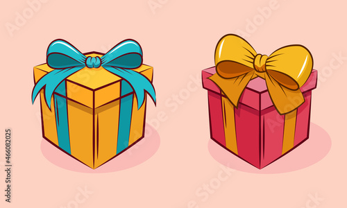 Flat vector illustration of gift box in cartoon style. Parcel box with colorful ribbon. Suitable for design element of celebration, happy holiday and christmas, and birthday party.