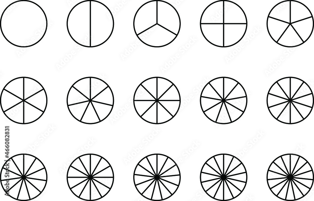 Circles divided in segments from 1 to 15 isolated on white background. Pie or pizza round shapes cut in equal slices in outline style. Circles divided in segments from 1 to 15 isolated on white background. Pie or pizza round shapes cut in equal slices in outline style.
