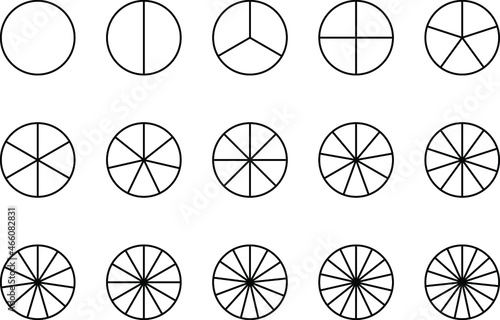 Circles divided in segments from 1 to 15 isolated on white background. Pie or pizza round shapes cut in equal slices in outline style.