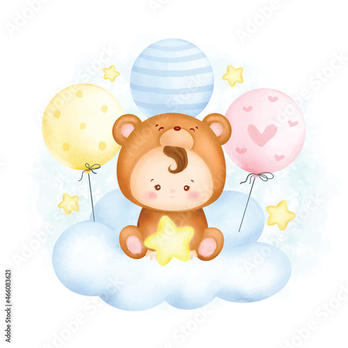 Watercolor cute baby character sitting on the cloud  