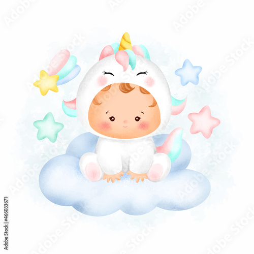 Watercolor cute baby unicorn character sitting on the cloud  