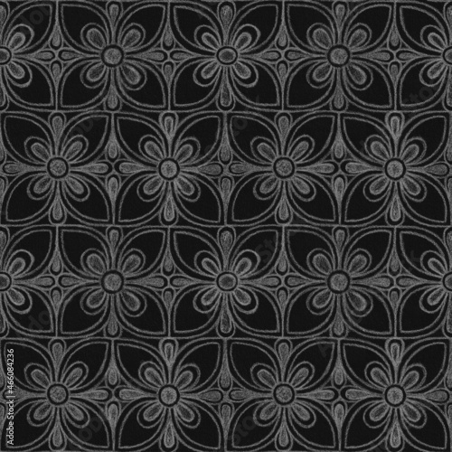 Abstract ornamental geometric seamless pattern with white contours of abstract flowers on textured black background. Template for design  textile  wallpaper  wrapping  carton  ceramics.