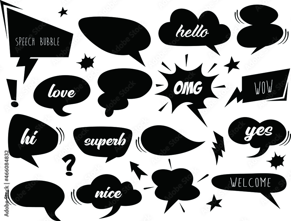Retro comic bubbles and elements set with black halftone shadows. Vector illustration, vintage design, pop art style Retro comic bubbles and elements set with black halftone shadows. Vector illustration, vintage design, pop art style