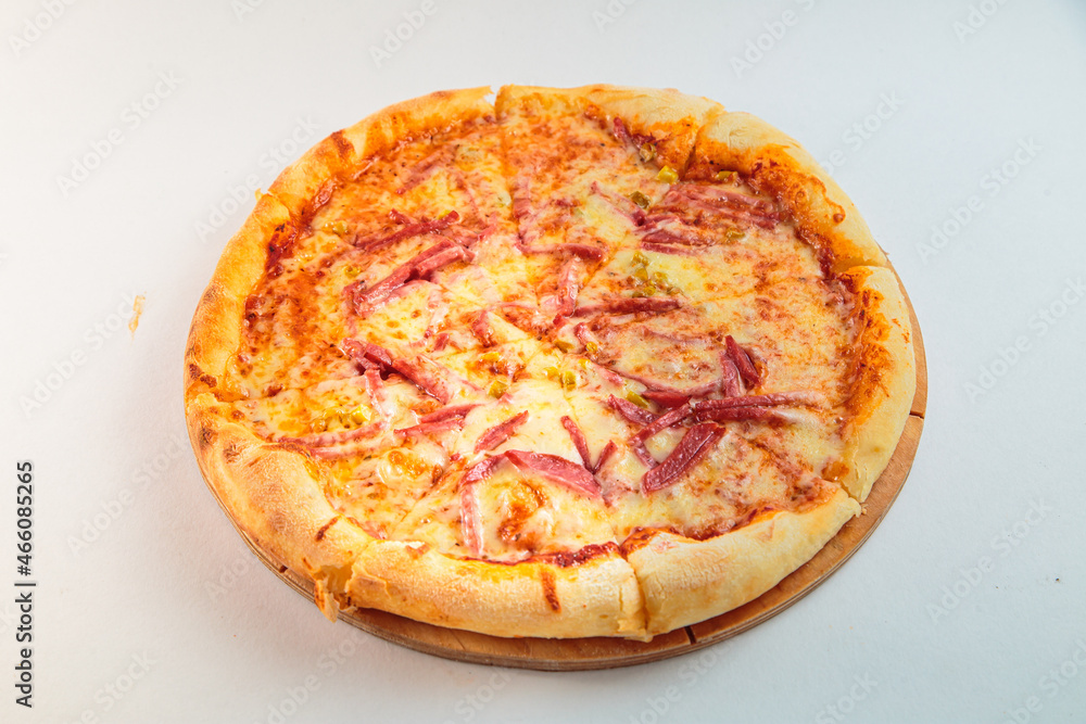 white background, pizza