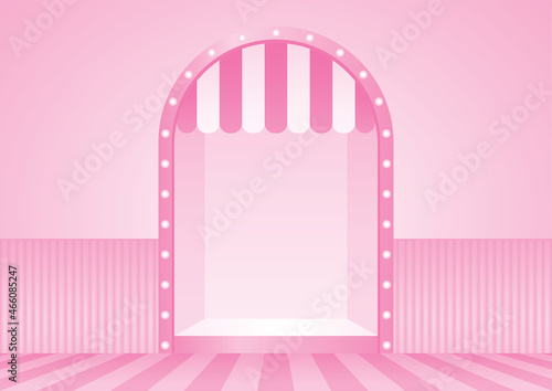 light bulb arch wall window display with awning on striped pattern floor 3d illustration vector for putting your object