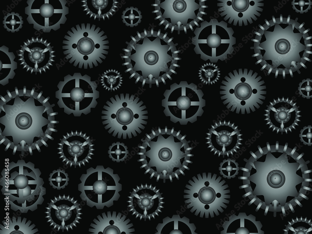 A pattern of small black and white gears on a black background. Illustration of a clockwork, industrial motor, mechanical gear for industry manufacturing design.