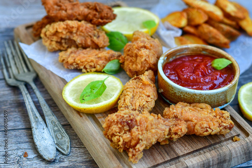  Crispy deep fried chicken strips ,onions and шедгес потатоес .Breaded with cornflakes chicken breast fillets with chilly peppers and fresh basil on wooden rustic background