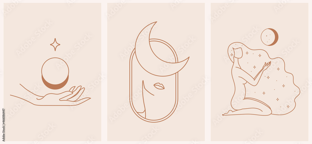 Linear minimal style logos set template with beautiful esoteric women silhouette. Hair salon, beauty shop, organic cosmetics, prints and cards.