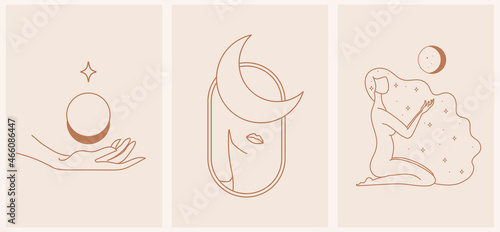 Linear minimal style logos set template with beautiful esoteric women silhouette. Hair salon, beauty shop, organic cosmetics, prints and cards.