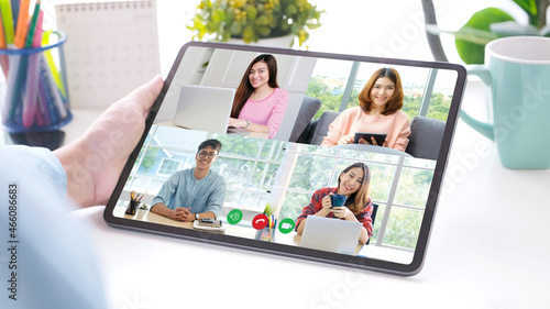 Virtual video conference, Work from home, Brainstorm planing teamwork, Asian business team making video call by web, Group of asia team online telecommunication meeting by digital tablet