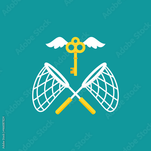 Two croseed butterfly nets and golden keys with wings. Catch, hunt, chase symbol.