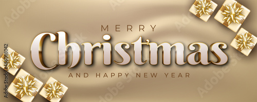 Editable text merry christmas on luxury design with dark theme and gift boxes decoration