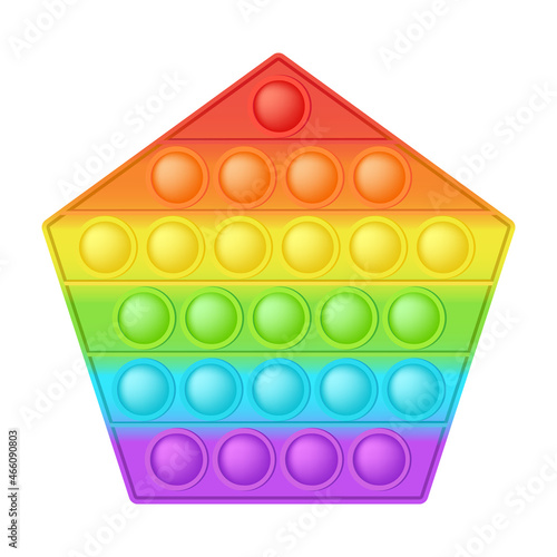 Popit figure pentagon as a fashionable silicon toy for fidgets. Addictive anti stress toy in bright rainbow colors. Bubble anxiety developing pop it toys for kids. Vector illustration isolated on