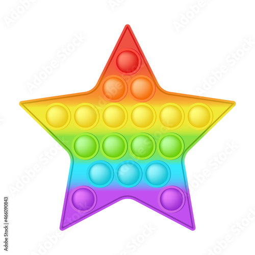 Popit figure star as a fashionable silicon toy for fidgets. Addictive anti stress toy in bright rainbow colors. Bubble anxiety developing pop it toys for kids. Vector illustration isolated on white.